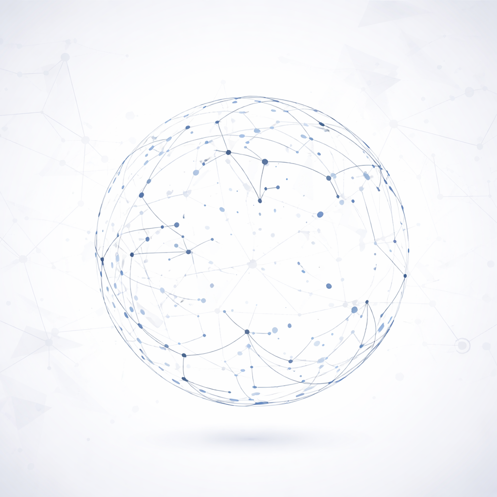 Spherical network globe with connected dots and lines representing global connectivity and international arbitration networks