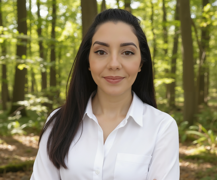 Professional woman with long dark hair wearing white collared shirt in outdoor forest setting with natural lighting and blurred green background